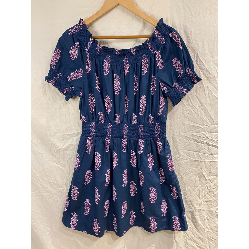 J. CREW Smocked Puff-Sleeve Cotton Poplin Dress Womens Small Budding Branch Blue